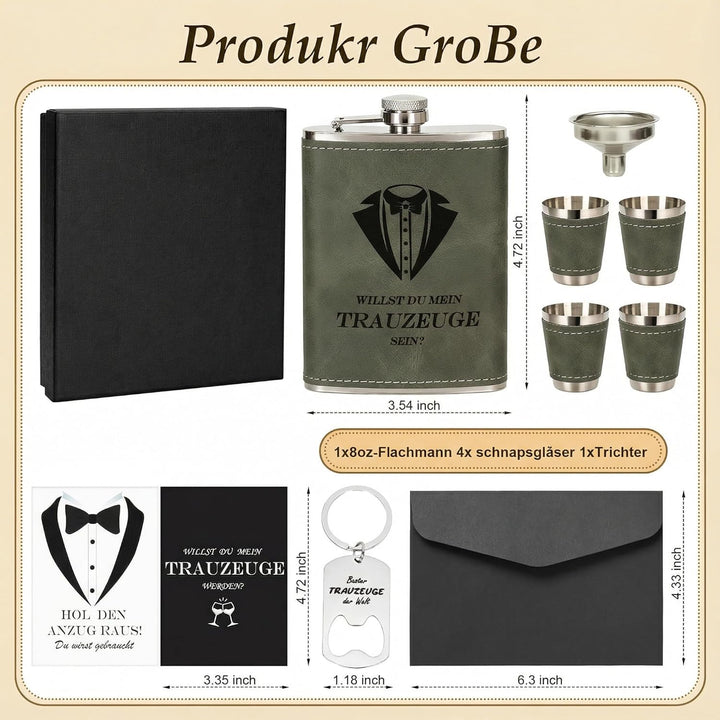 Personalisiertes Flachmann Geschenkset 8oz mit Gravur – Edelstahl Flachmann, 4 Becher, Trichter & Ge