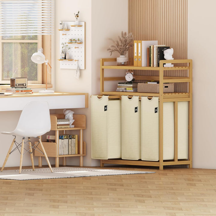 AdelDream Wäschekorb 150L, 3 Fächer Wäschesammler, 2 Ablagen, Bambus | Wäschesortierer 3 x 50L, ausz