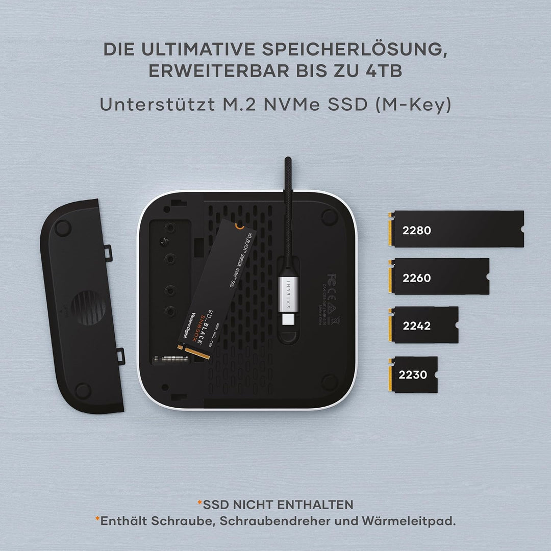 SATECHI Mac mini M4 Hub & Stand mit NVMe SSD Gehäuse, Aluminium Dock mit 2X USB-A bis 10 Gbit/s, 1x