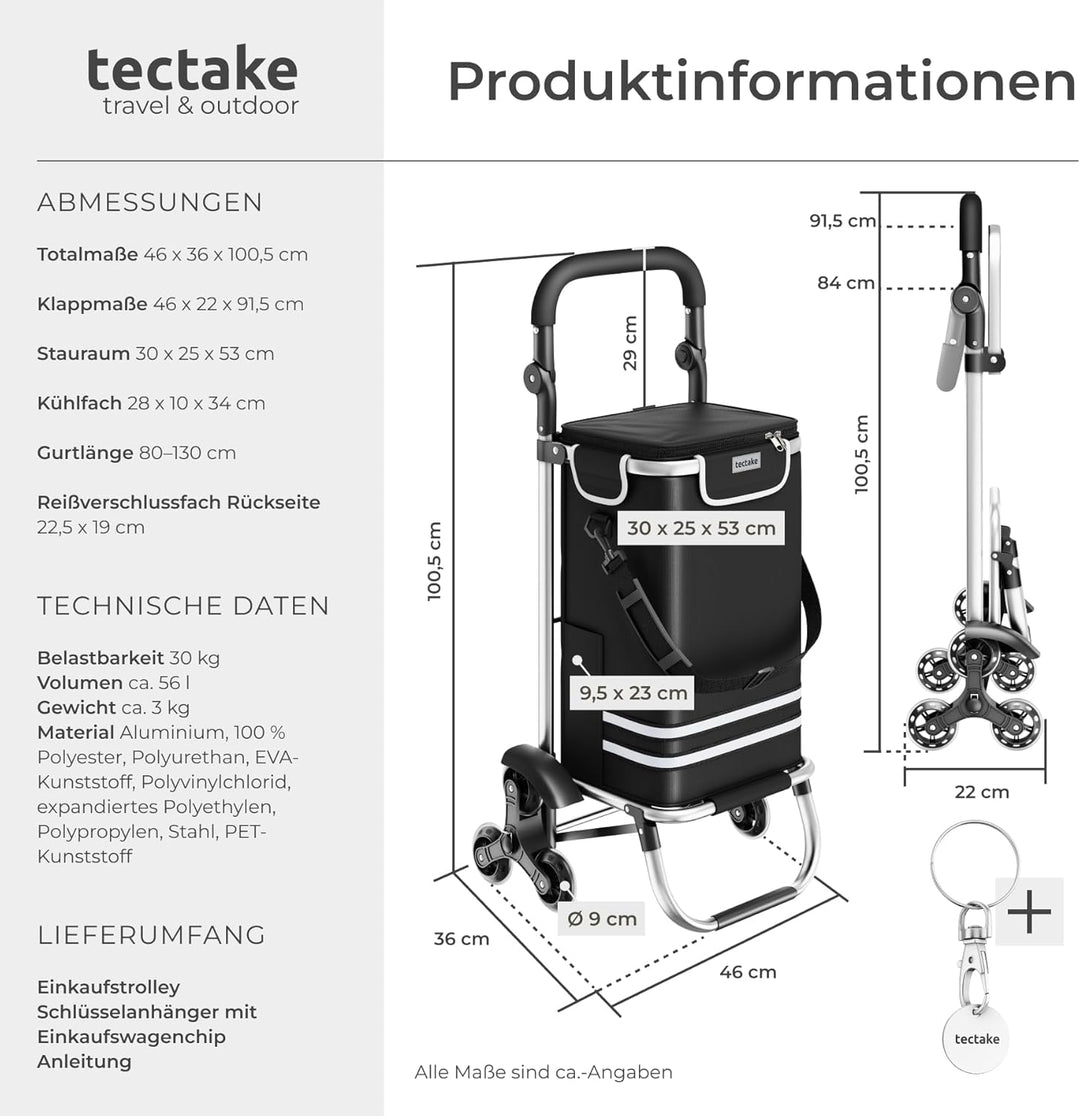 tectake® Einkaufstrolley 3-in-1 klappbar mit Kühlfach, 40L, 30kg belastbar, Aluminium, Einkaufsrolle