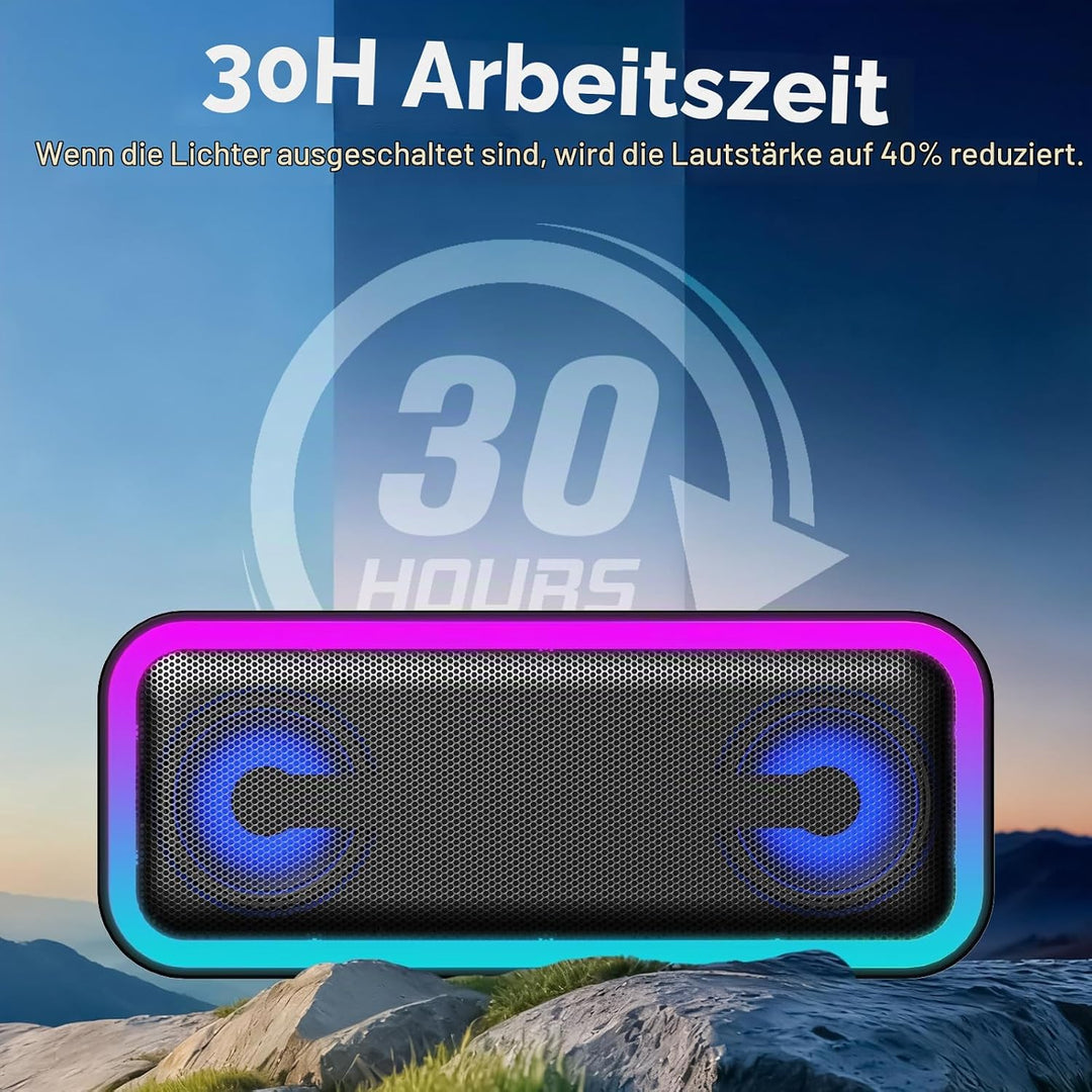 IKT Bluetooth Lautsprecher mit Licht, Musikbox Bluetooth 5.4, 30W Stereo Bass Boost, IPX7 Wasserdich