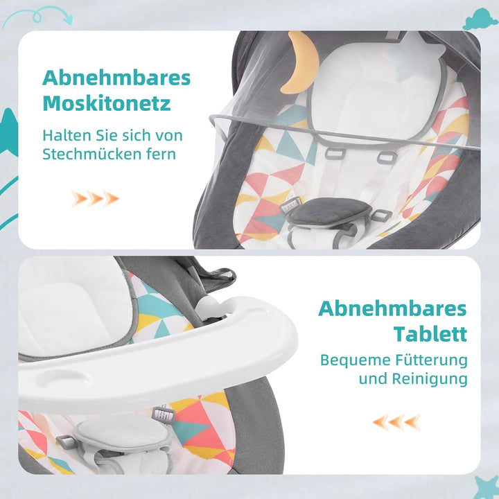 Babywippe Elektrisch,Babyschaukel Indoor Bluetooth, 5 Schwinggeschwindigkeit, 3 Winkellage, Fernsteu