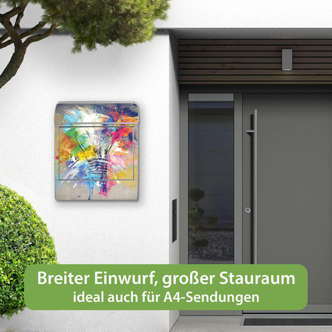 banjado® Design Briefkasten mit Motiv Idee 39x47x14cm &amp; 2 Schlüssel - Briefkasten Stahl Silber mit Z