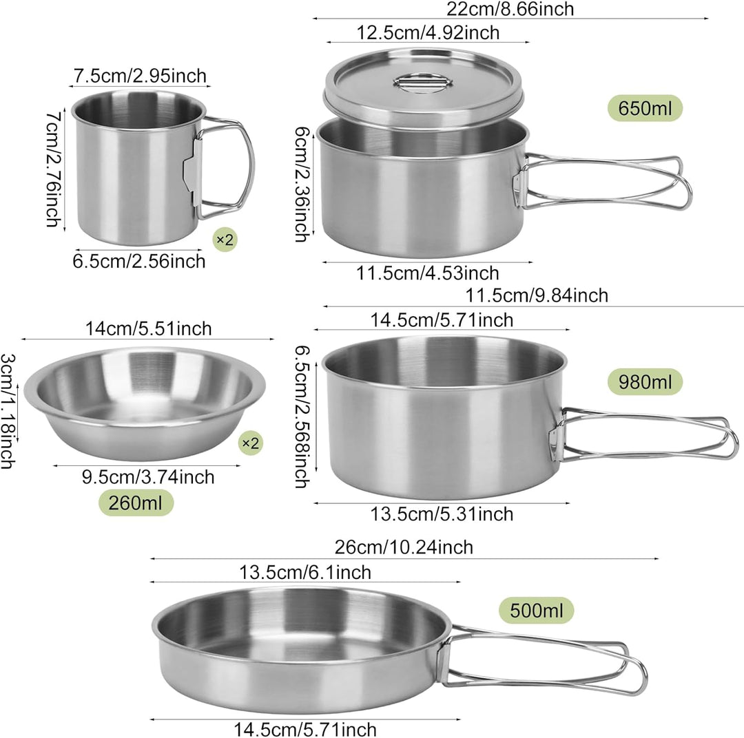 Rucksack Camping Kochgeschirr, 304 Edelstahl Mini-Picknick-Camping Kochset mit Topf und Pfannenset f