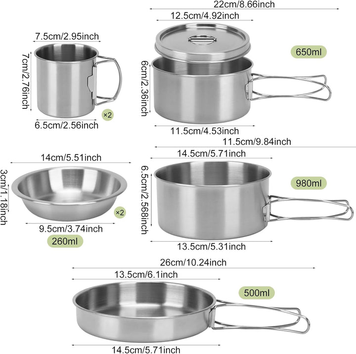 Rucksack Camping Kochgeschirr, 304 Edelstahl Mini-Picknick-Camping Kochset mit Topf und Pfannenset f