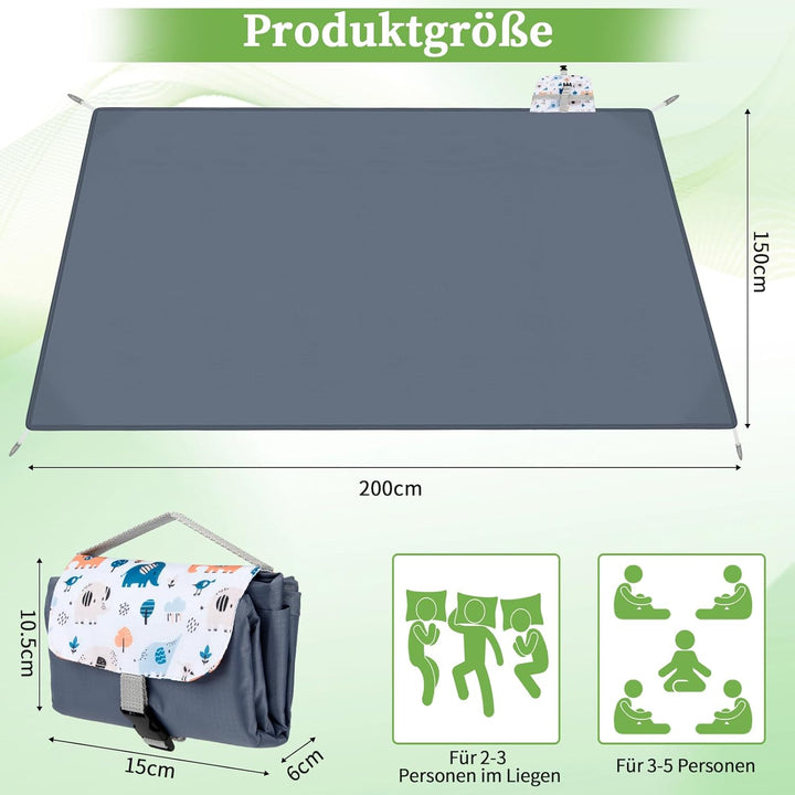 Kiiwah Picknickdecke Outdoor 200 x 150 cm, Faltbar Picnic Blanket Waterproof Leicht und Tragbar Stra