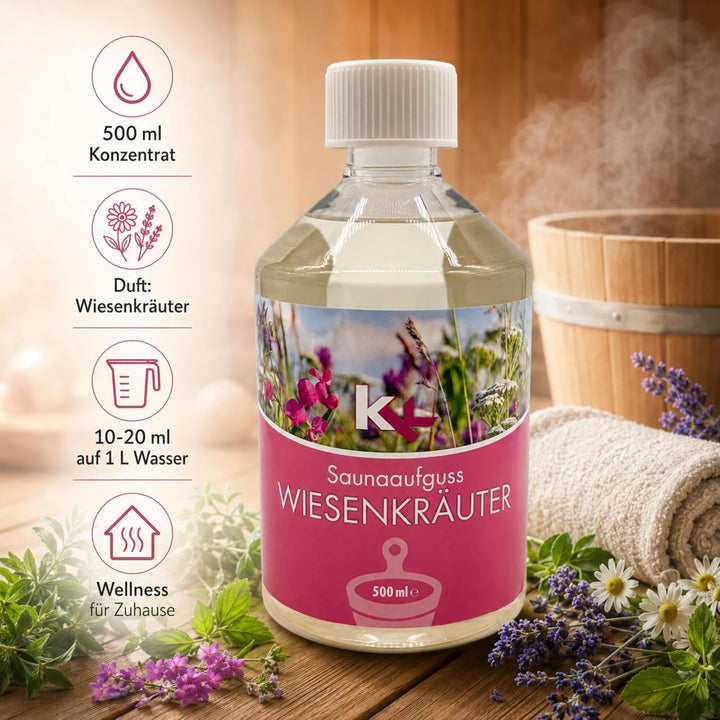 KK Sauna Aufguss Konzentrate PREMIUM - Made in Germany - Duftsorte Wiesenkräuter - 500 ml Flasche -
