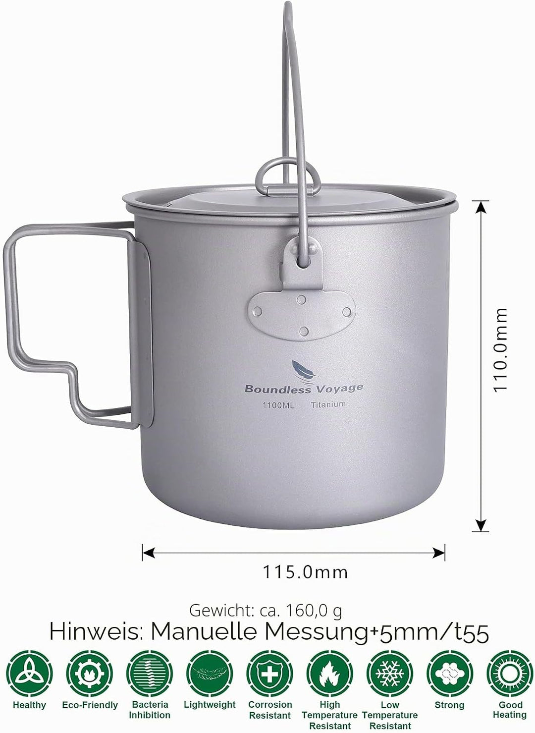 iBasingo Titan Topf Camping Becher 750ml/900ml/1100ml/1250ml Hängetopf Leichtes Kochgeschirr Tragbar