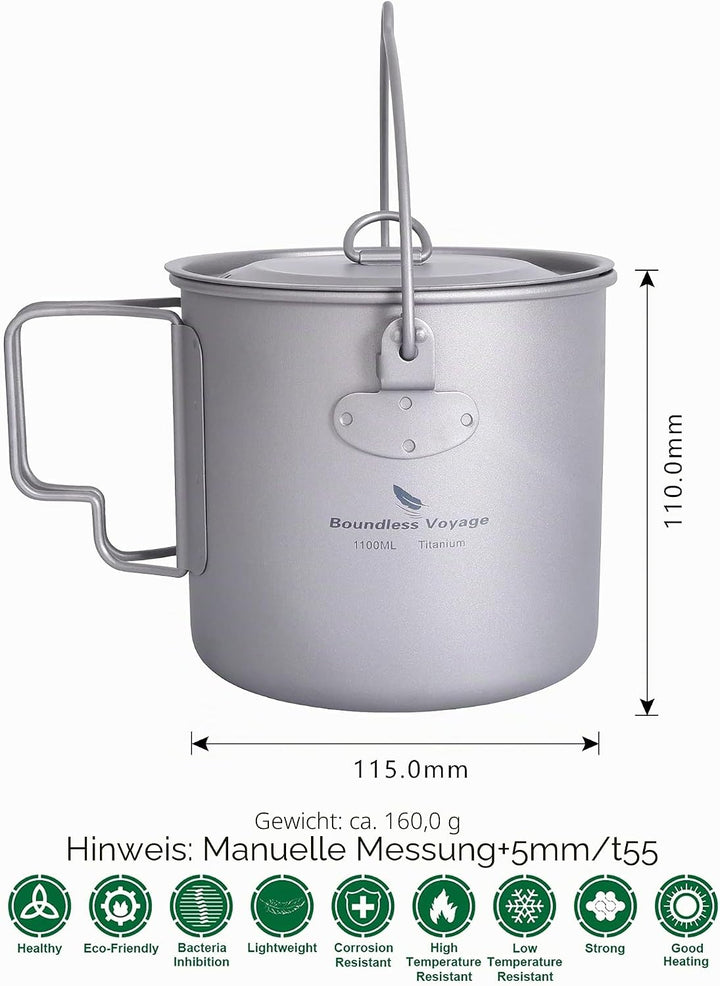 iBasingo Titan Topf Camping Becher 750ml/900ml/1100ml/1250ml Hängetopf Leichtes Kochgeschirr Tragbar