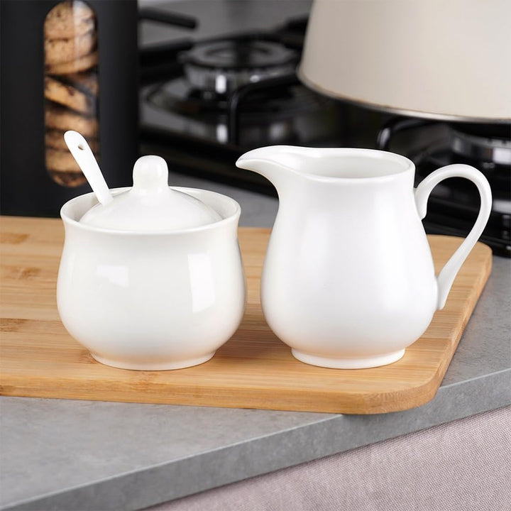 Vilde Milchkännchen und Zuckerdose Set aus Porzellan 2-teilig mit Deckel Löffel Weiss - Modern Kaffe