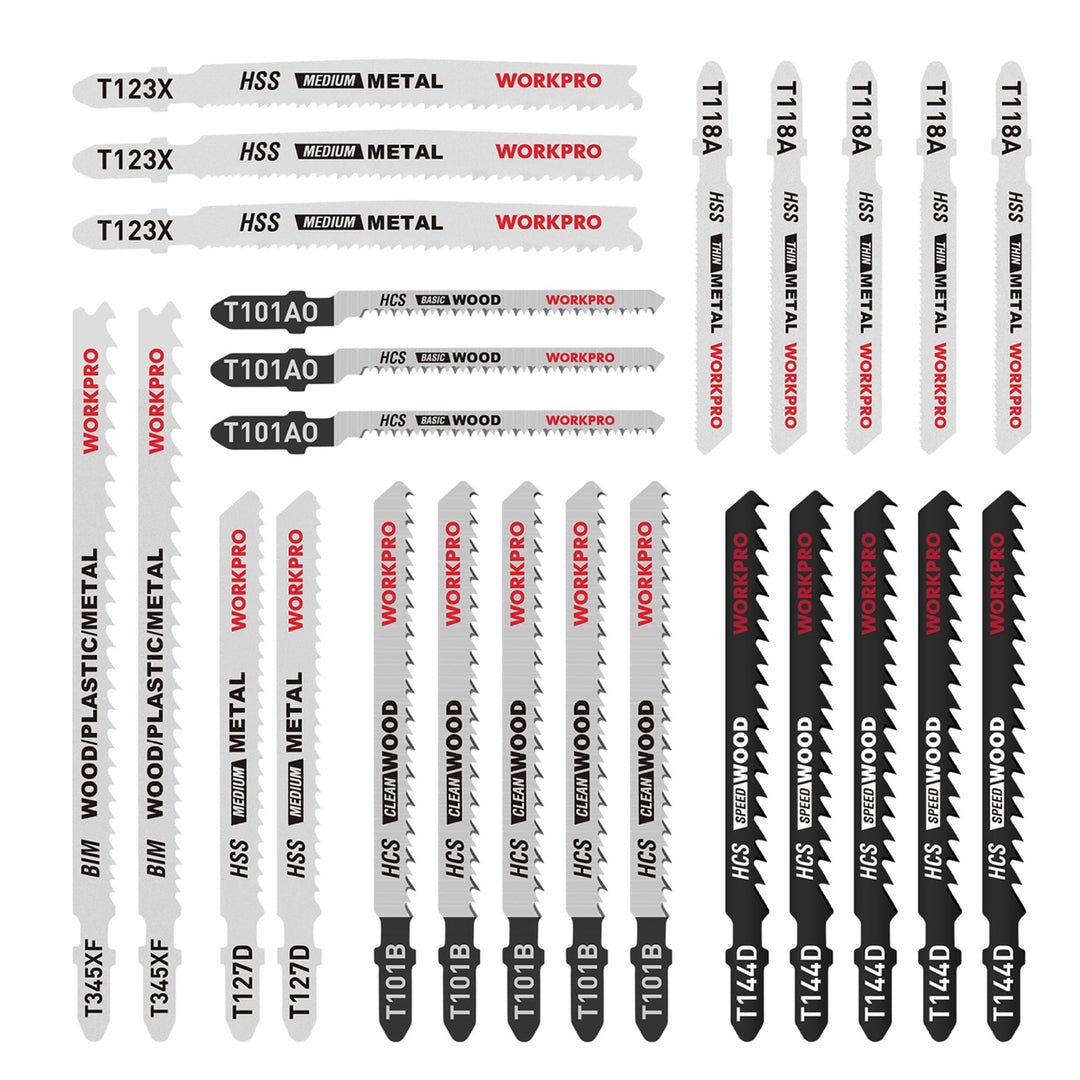 WORKPRO Professional Stichsägeblätter Set, 25tlg.T-Schaft Stichsägeblätter aus HSS/BIM/HCS für Holz,
