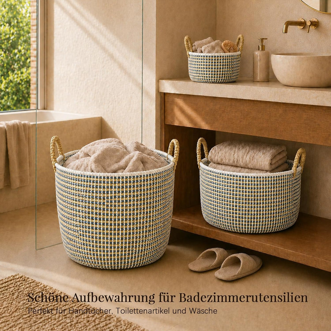 3 Set Wäschekorb Geflochten mit Henkeln | Verschiedene Grössen 32L+17L+8L | Korb ohne Deckel | Handg