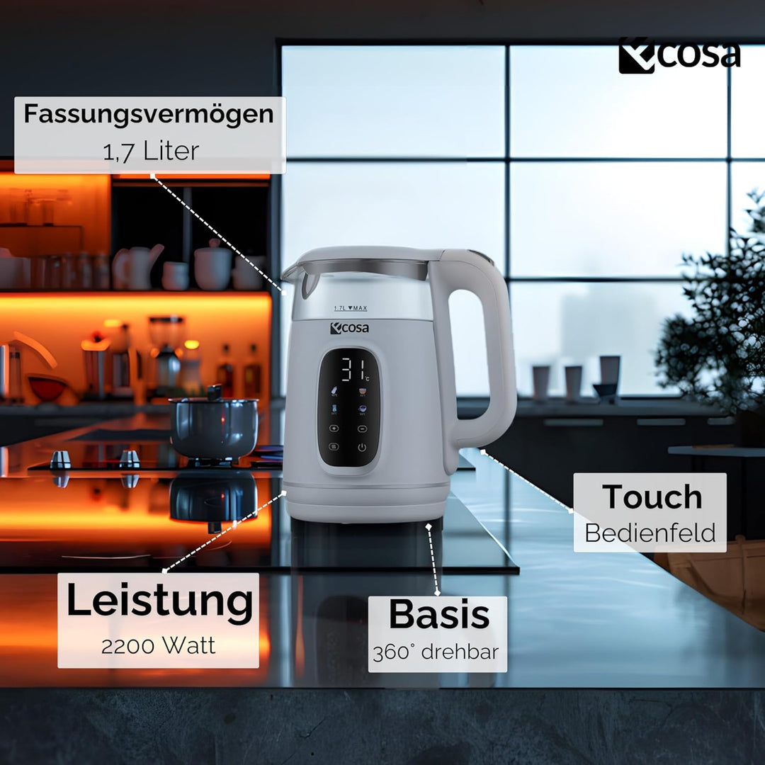 Ecosa® Wasserkocher mit Temperatureinstellung Glas Edelstahl - Teekocher - 1,7 Liter 2.200 Watt - BP