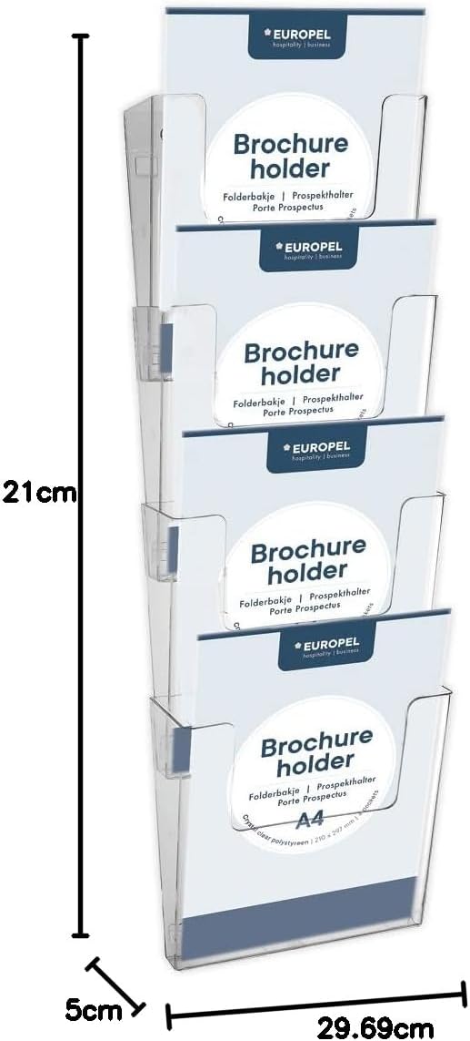 Europel Prospekthalter Wandmontage, Mehrfach, 4 Fächer DIN A4, Anschliessbar, Erweiterbar, Transpare