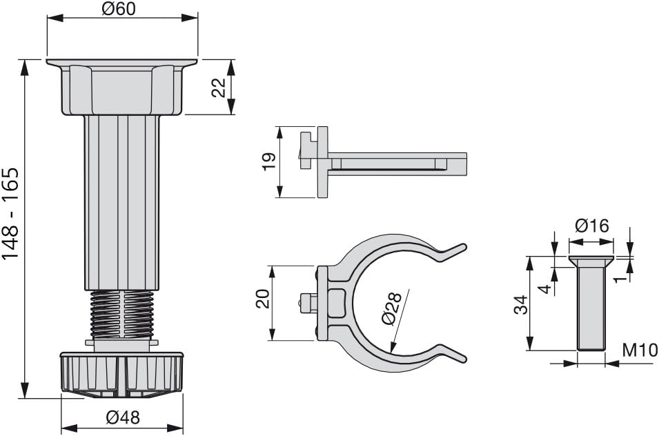 Emuca 2032617 Set aus 10 Sätzen aus 4 regulierbaren Füssen für Küche/Bad mit Zubehör Höhe 148-165mm