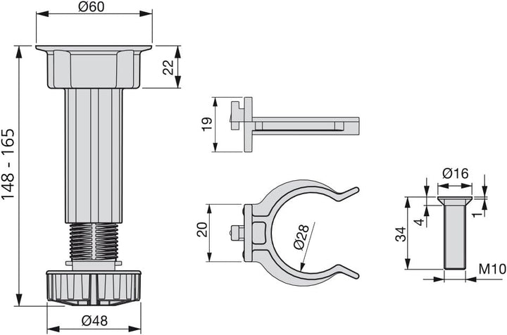 Emuca 2032617 Set aus 10 Sätzen aus 4 regulierbaren Füssen für Küche/Bad mit Zubehör Höhe 148-165mm