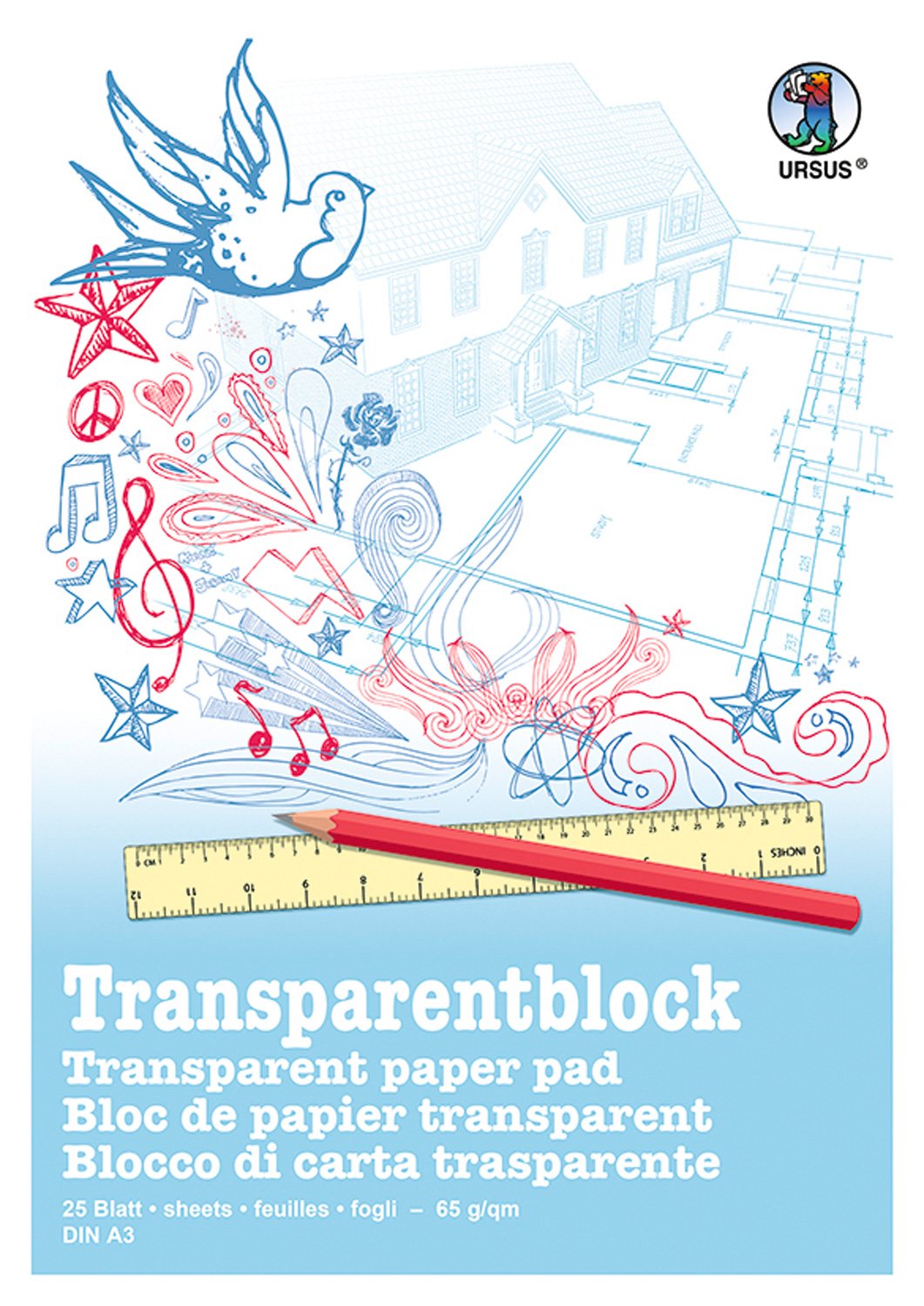 Ursus Transparenter A4-Block, 25 Blatt, Weiss DIN A3 25 Blatt, 65 g/qm, DIN A3 25 Blatt, 65 g/qm