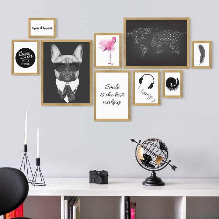 PHOTOLINI goldene Bilderrahmen Set verschiedene Grössen, 9 Bilderrahmen Holz MDF gold, Bilder Rahmen