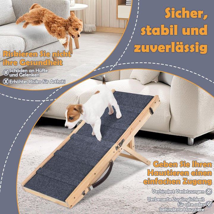 Hunderampe Klappbar Kiefernholz für Kleine, Hunde Haustierrampe mit Rutschfestem Teppich, Vielseitig