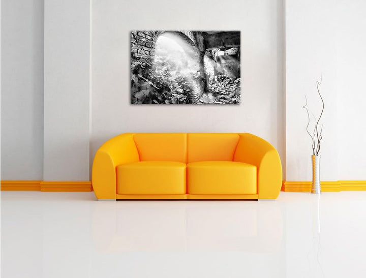 Monocrome, Alte Ruine, Format: 100x70 auf Leinwand, XXL riesige Bilder fertig gerahmt mit Keilrahmen