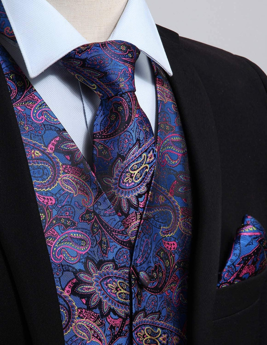 Enlision Herren Paisley Floral Jacquard Weste & Krawatte und Pocket Square Weste Anzug Set L Blau Ro