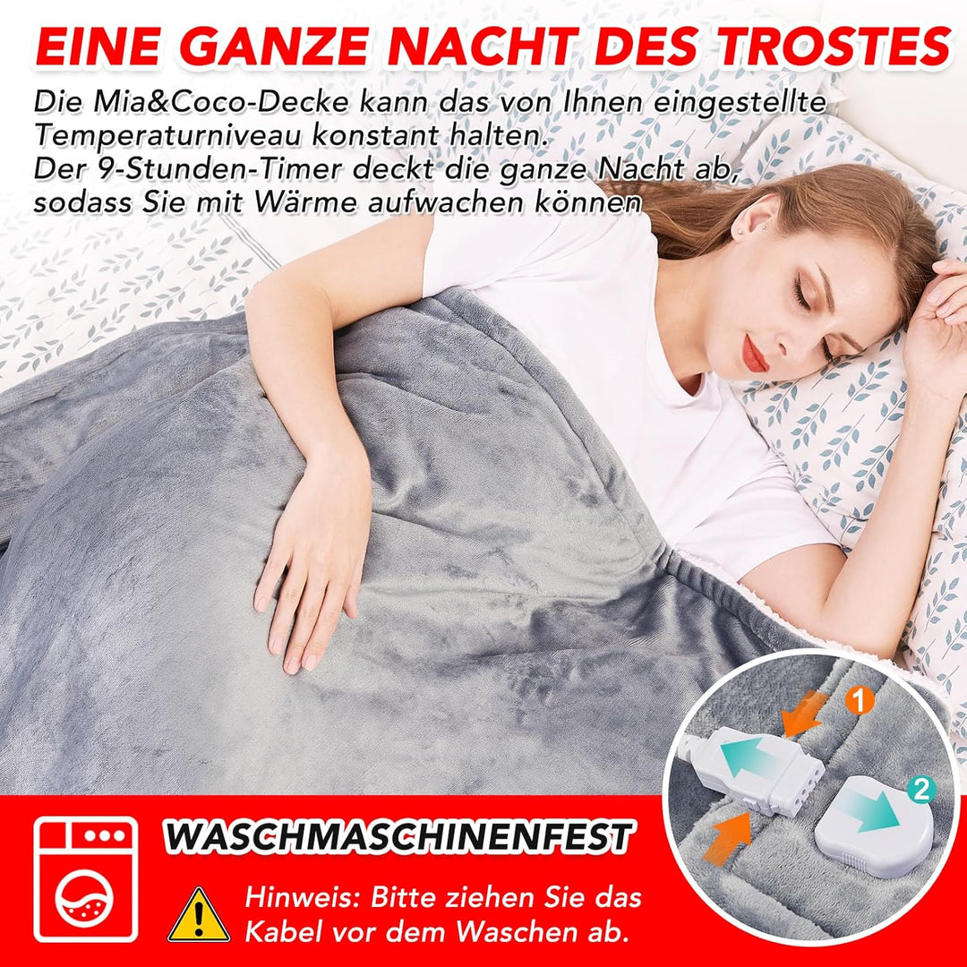 Heizdecke mit Abschaltautomatik, 130x180cm 10 Heizstufen 1~9 Stunden Auto-Off-Timer Überhitzungsschu