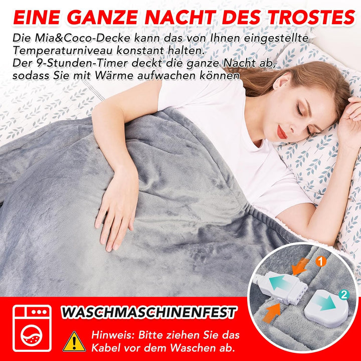 Heizdecke mit Abschaltautomatik, 130x180cm 10 Heizstufen 1~9 Stunden Auto-Off-Timer Überhitzungsschu