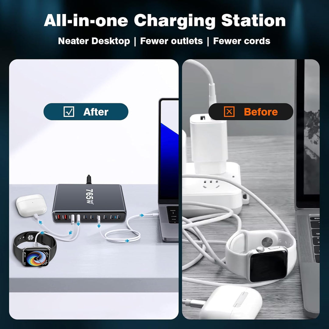 765W USB C Ladegerät Mehrfach,PD 140 W Schnellladegerät 10 Ports Ladestation GaN-III Charger with 7