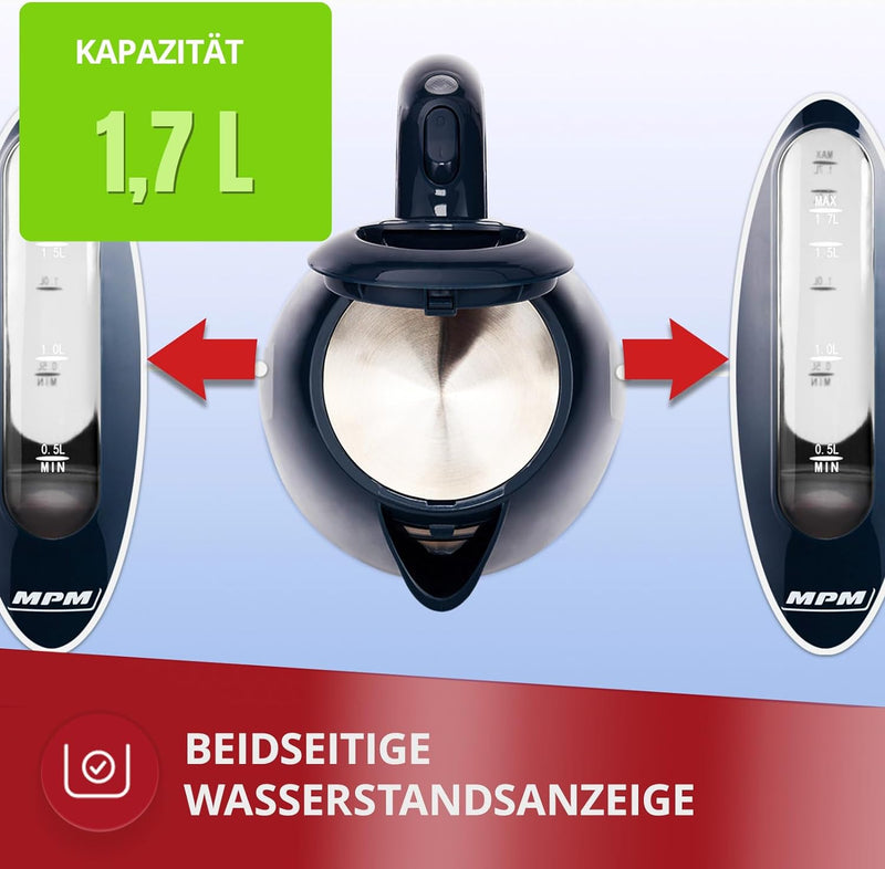 MPM MCZ-85/G1 Elektrischer Wasserkocher, Fassungsvermögen 1,7 Liter BPA frei, Kabellos 360° Drehbasi