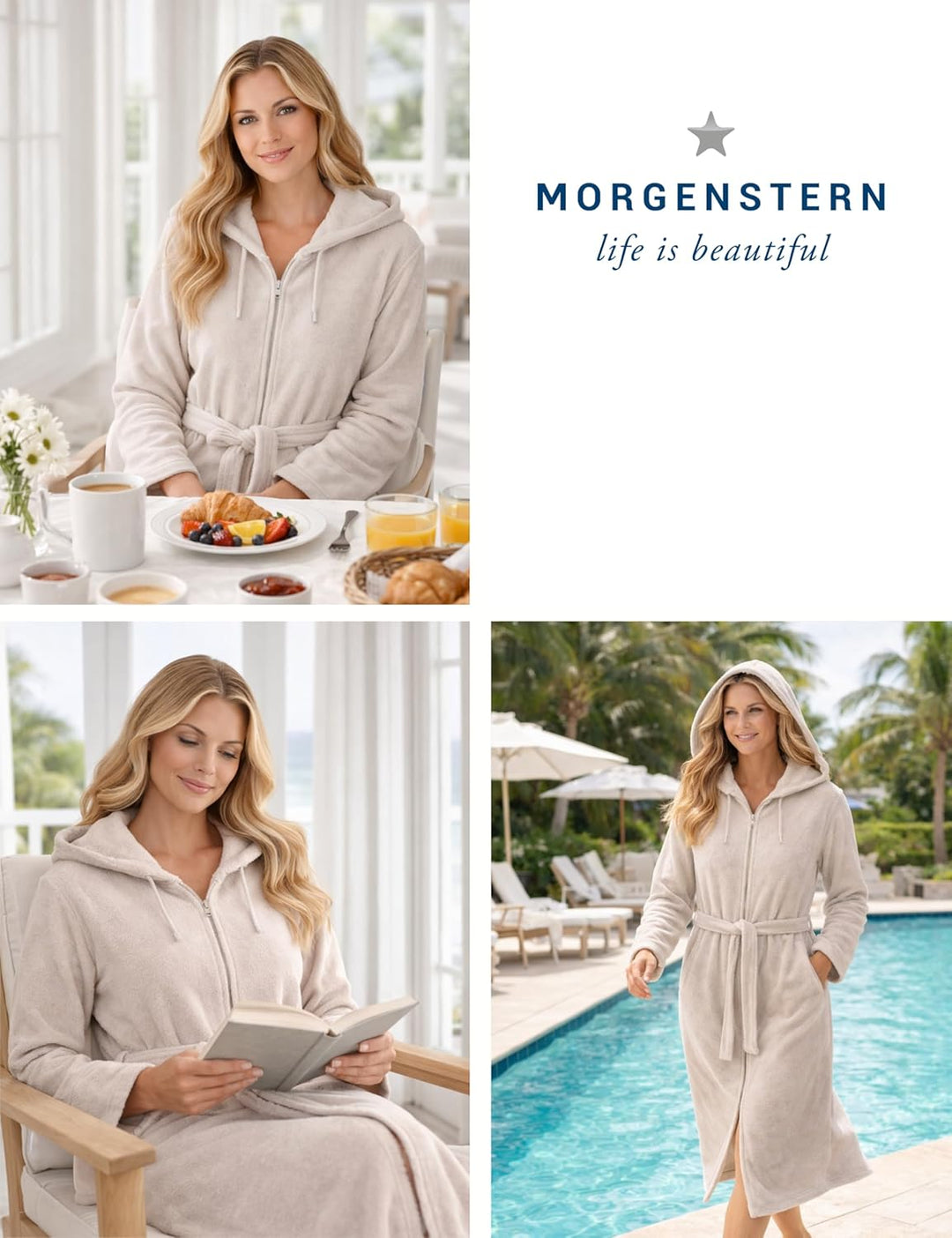 Morgenstern Bademantel Damen Reissverschluss Kapuze Frottee Velours Patrizia S Beige, S Beige