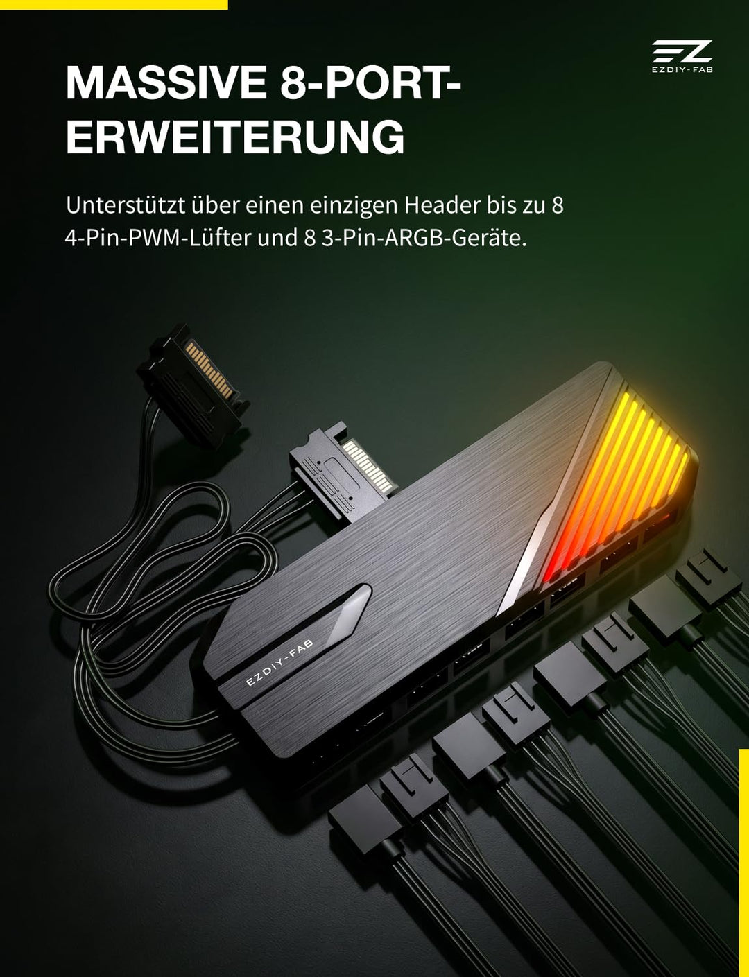EZDIY-FAB FH01 8-Port ARGB PWM Fan Hub Controller,Duale SATA-Kabel,Schwarz, Schwarz