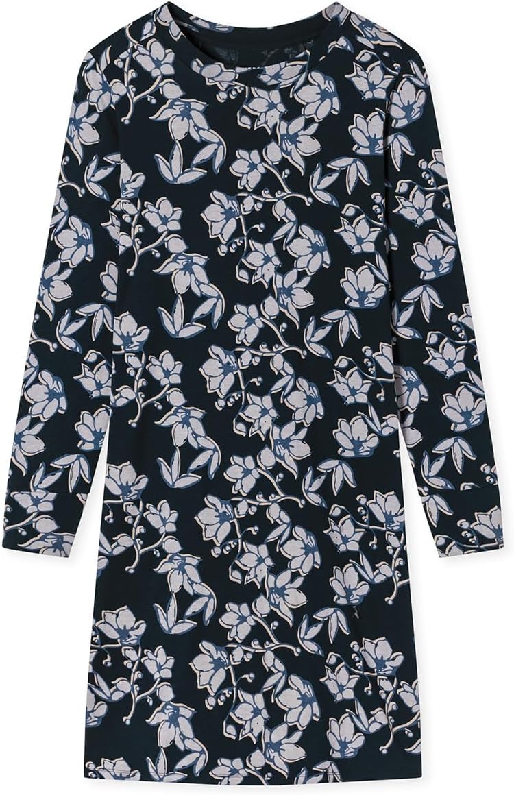 Schiesser Damen Langarm Baumwolle Modal Sleepshirt Bigshirt - Nightwear 36 Dunkelblau Floral, 36 Dun