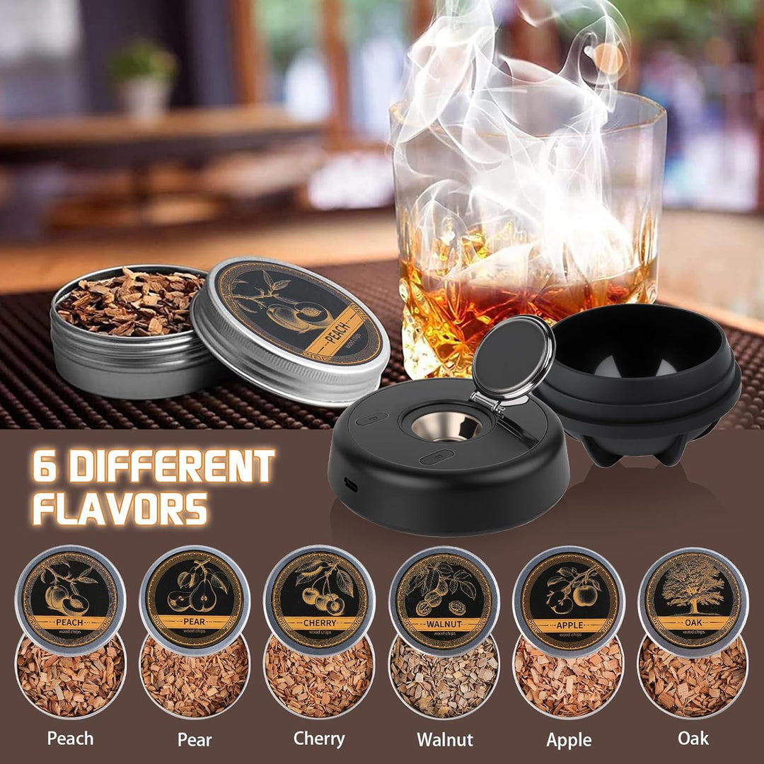 Whisky Smoker Set,Wiederaufladbarer Cocktail Smoker Kit mit 6 Flavors Holzspänen,RGB Licht,für Whisk