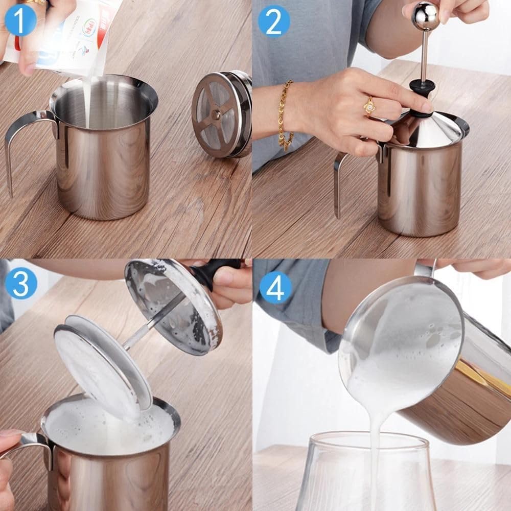 Milchaufschäumer manuell Edelstahl poliert | 400ml für 2-3 Portionen innerhalb kürzester Zeit | Milc