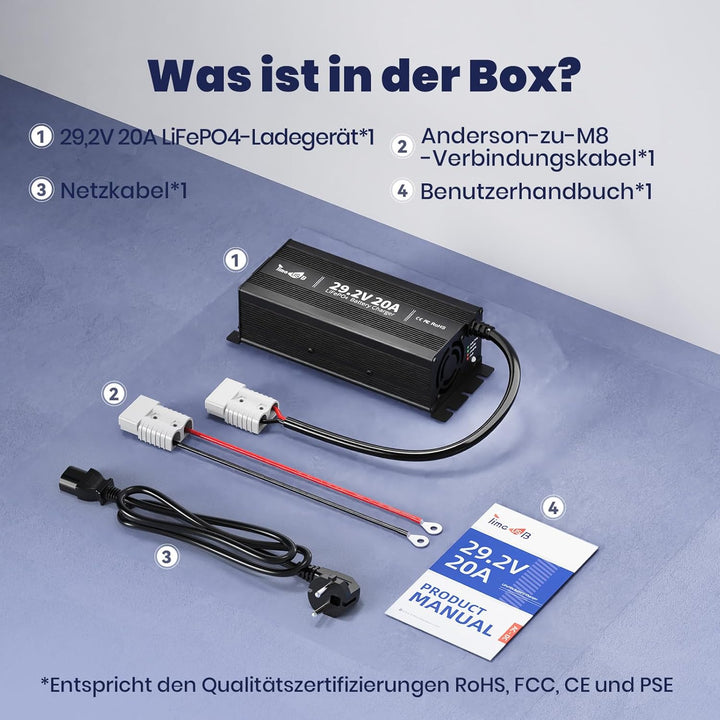 Timeusb 29,2V 20A LiFePO4 Ladegerät Batterieladegerät 24V Lithium Akku Ladegerät, Vorlade- und 0V-La