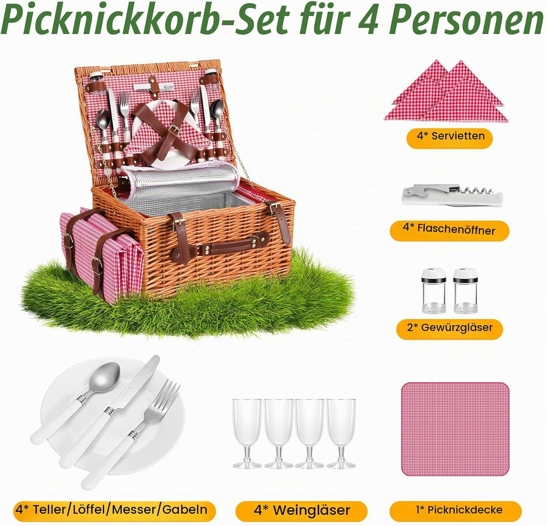 Picknickkorb 4 Personen,Picknickkorb mit Kühlfach und wasserdichte Picknickdecke, Piknik Korb Set mi