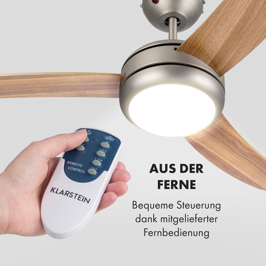 Klarstein El Paso Deckenventilator - 2-in-1: Ventilator & Deckenlampe, Durchmesser: 52" (132 cm), 3
