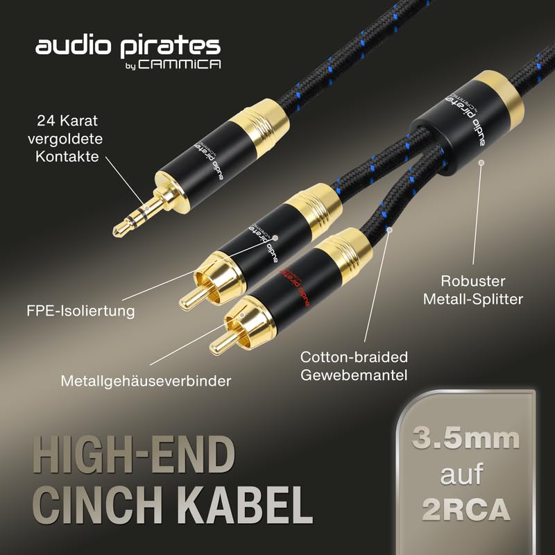 audio pirates by cammica Splitter Kabel 3,5 mm Klinke Stecker auf 2x RCA Clinch Stecker, RCA-Kabel,