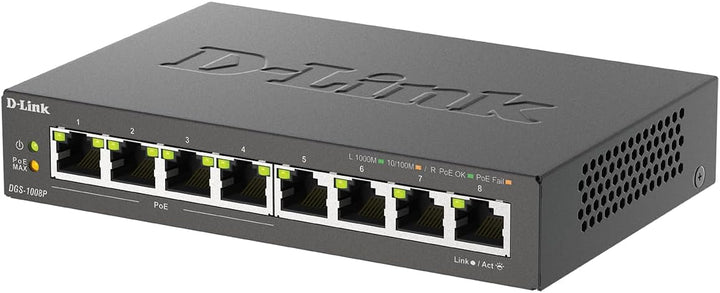 D-Link DGS-1008P, 8-Port Unmanaged PoE+ Gigabit Switch (8 Anschlüsse mit 10/100/1000 Mbit/s, 4 davon