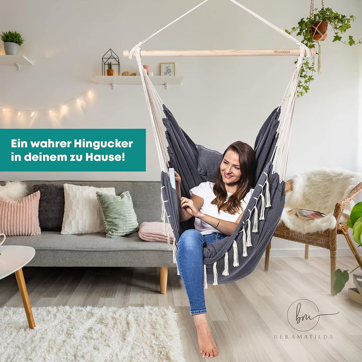 BELLAMATILDA® HÄNGESESSEL 3 Kissen &amp; Zubehör mit Seil und Haken | Hängeschaukel Outdoor &amp; Indoor | X