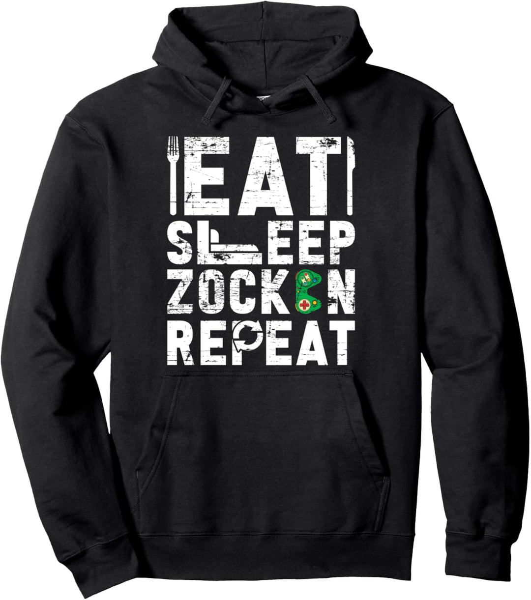 Essen Schlafen Zocken Wiederholen Gaming Nerd Gamer Pullover Hoodie