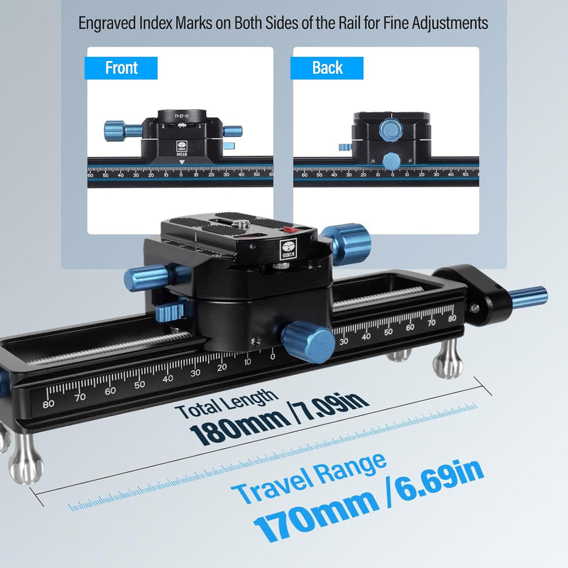 SIRUI MS18 180mm Makro-Fokus-Schiene, 360° drehbare Klemme, Arca-Swiss QR-Platte, für Kameras, Stati