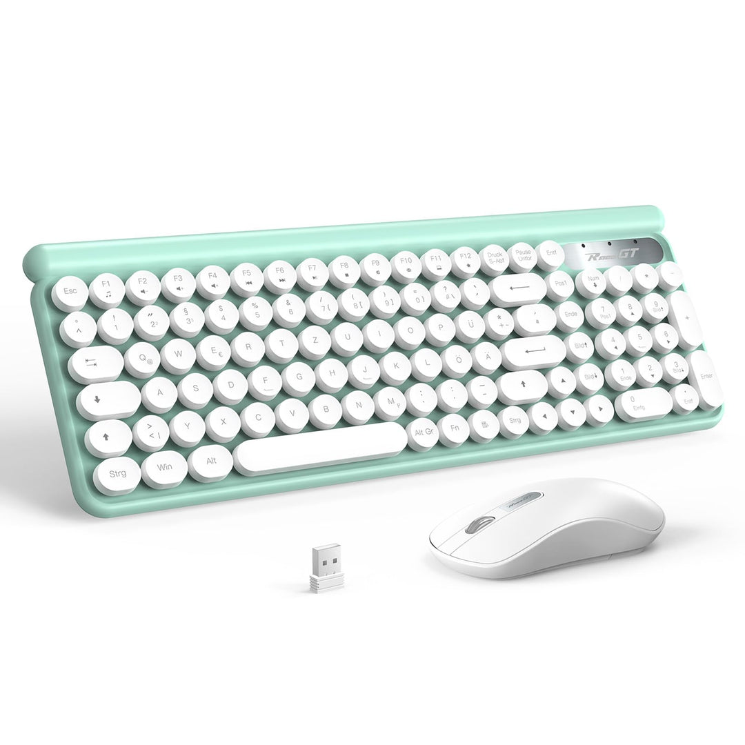 RaceGT Funk Tastatur Maus Set 2.4G Retro Rund QWERTZ Numblock Leise Kompakt Grün&amp;Weiss, Grün&amp;Weiss