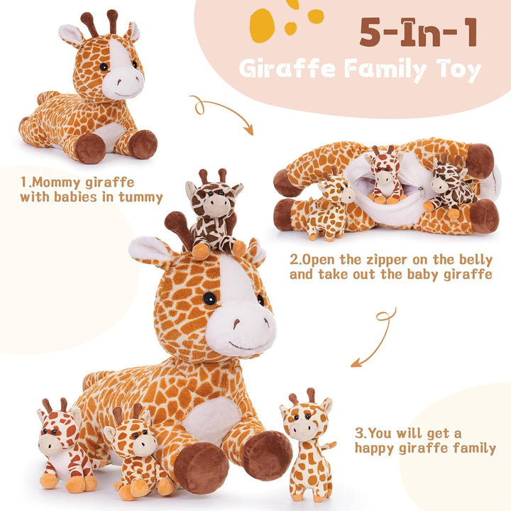 MorisMos 55cm lang riesen Giraffe Kuscheltier gross, Giraffe Stofftier XXL mit 4 Plüschbaby im Bauch
