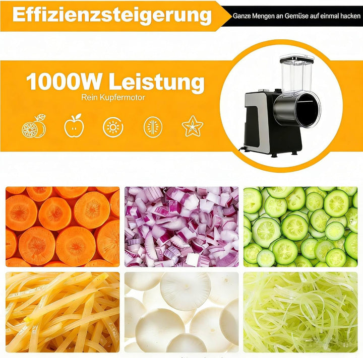 Gemüseschneider Elektrisch 1000W mit Kupfermotor, Edelstahl Klingen (10 Ersatzklingen), ABS Material