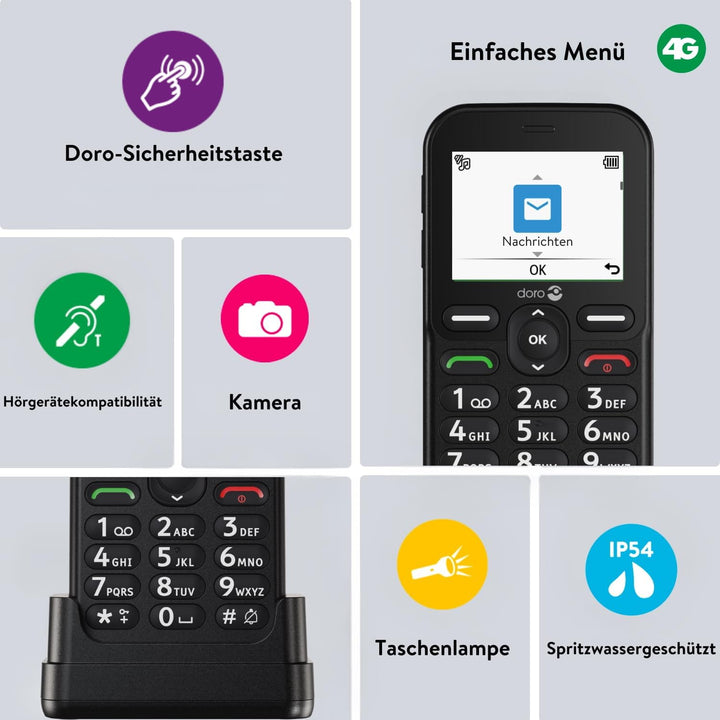 DORO Telefon – Doro Leva E10 – 4G Handy für Senioren – 2,4 Zoll Querformat-Display, kontrastreiche T