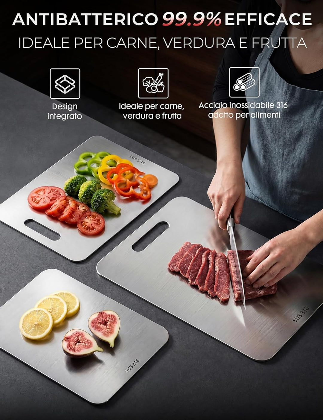 Titan Schneidebrett Set 3 Stück - S316 Edelstahl Schneidebrett, Titanium Cutting Board, Doppelseitig
