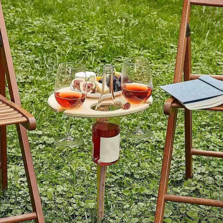 Tnfeeon Faltbarer Weintischstecker mit Glashalter, Tragbares Weinregal aus Holz für Camping-Picknick