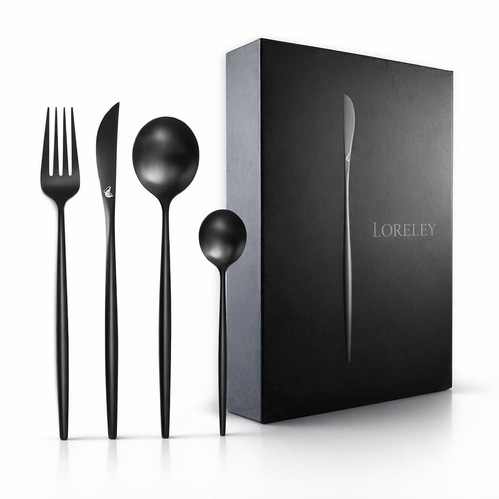 LORELEY® MITTELRHEIN Germany Premium Besteck Set Schwarz Matt – 24 teilig für 6 Personen – Edelstahl