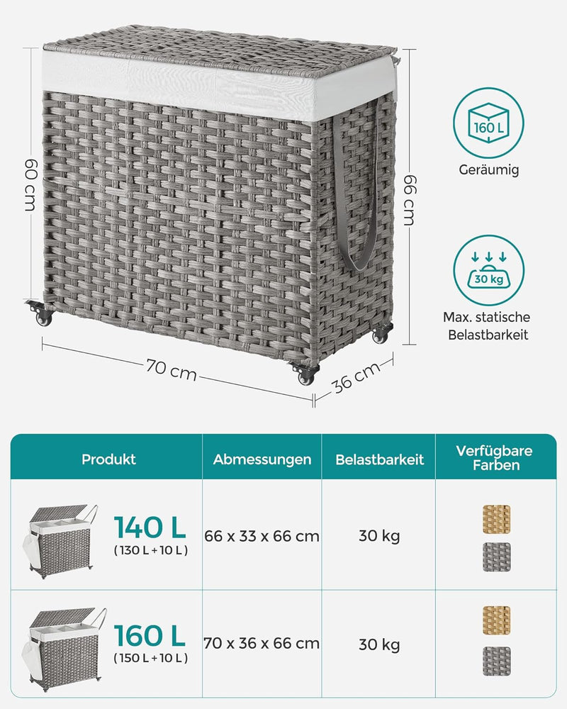 SONGMICS Wäschekorb mit Deckel, 160 L, Wäschesammler 3 Fächer, Wäschesortierer mit Rollen, in Rattan